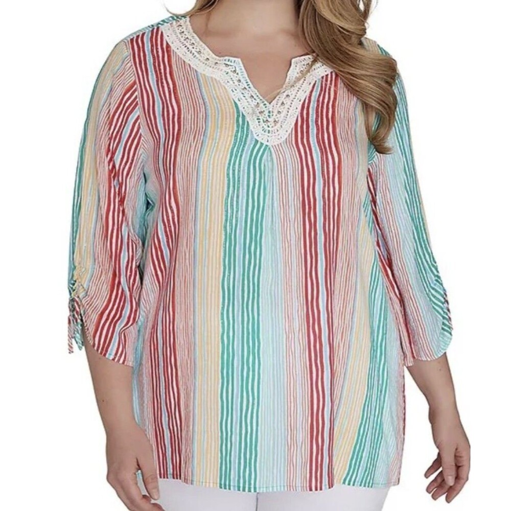 NWT Ruby Road‎ Woman Striped Beaded Crochet Boho Viscose Tunic Blouse 1X $69